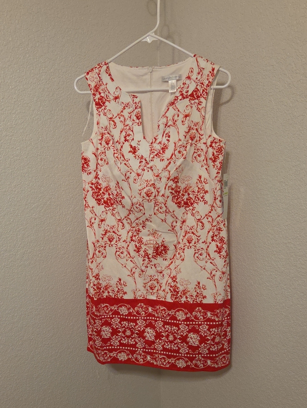 London Times Sleeveless White Dress with Red Floral Print